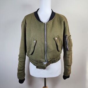 Pretty Little Thing Bomber Jacket Womens‎ Small Khaki Utility Coat Crop **READ